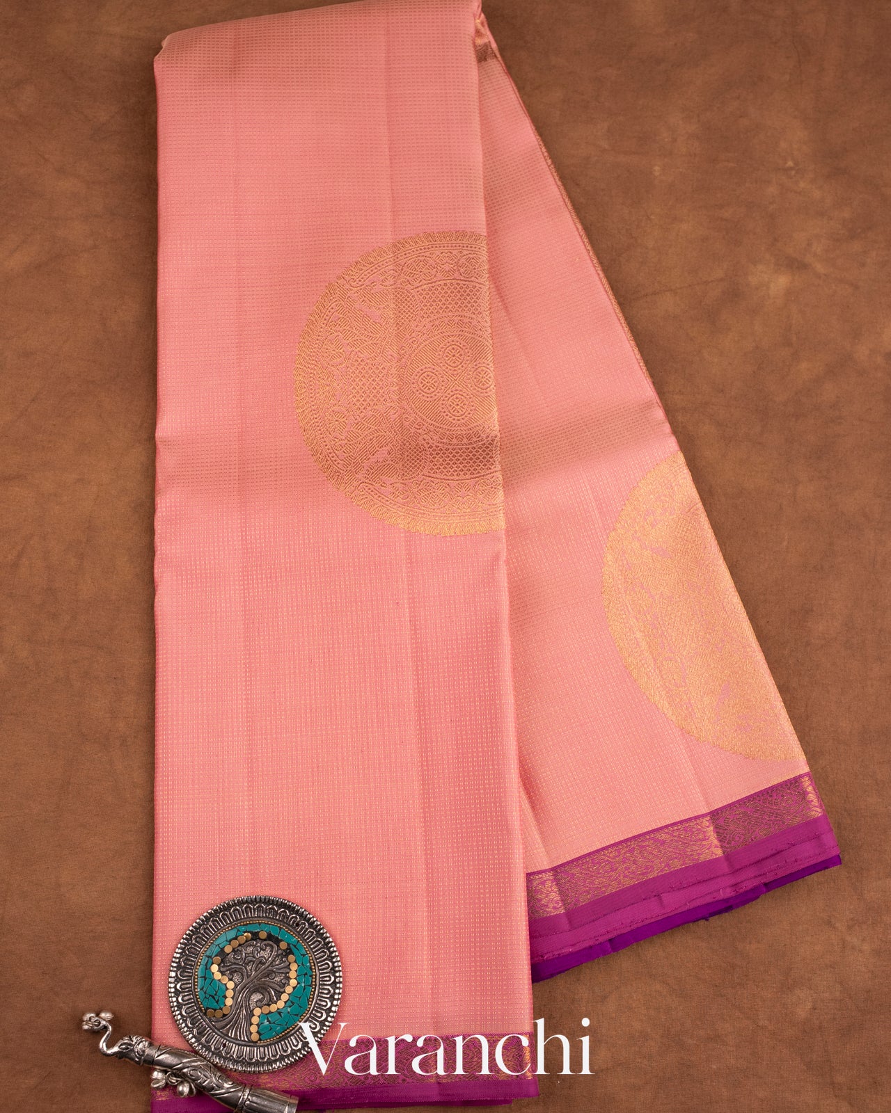 Baby Pink Vaira Oosi Pure Kanchipuram Silk Handloom Saree