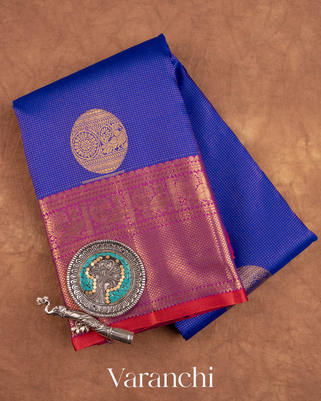 Dark Blue Vaira Oosi Pure Kanchipuram Silk Handloom Saree