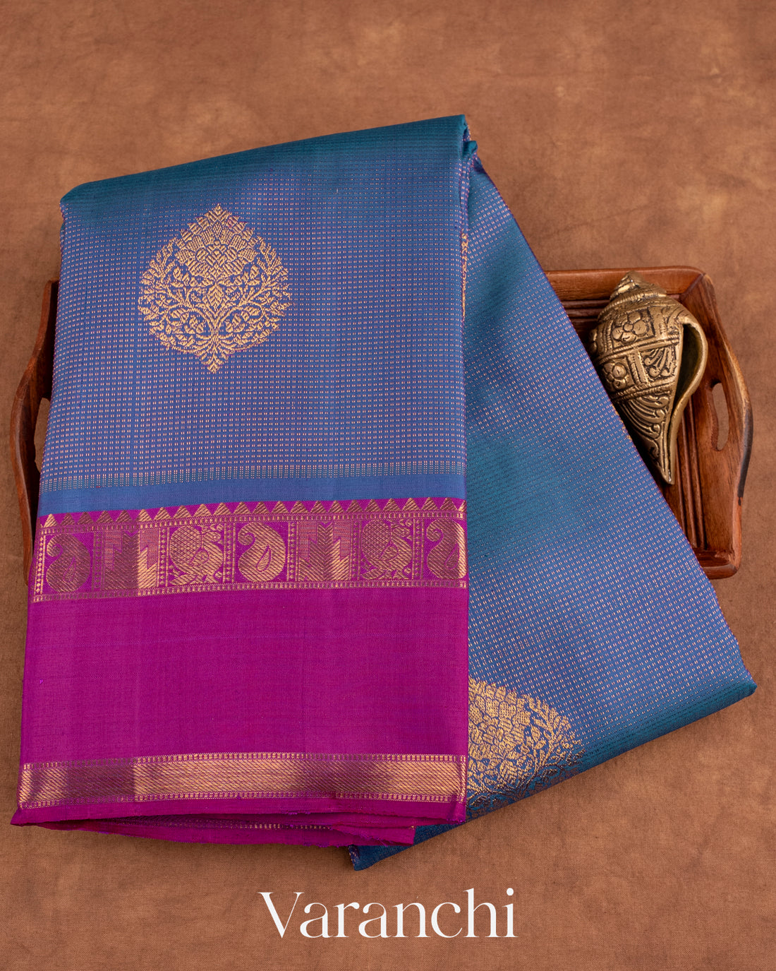 Dusky Indigo Blue Vaira Oosi Pure Kanchipuram Silk Handloom Saree