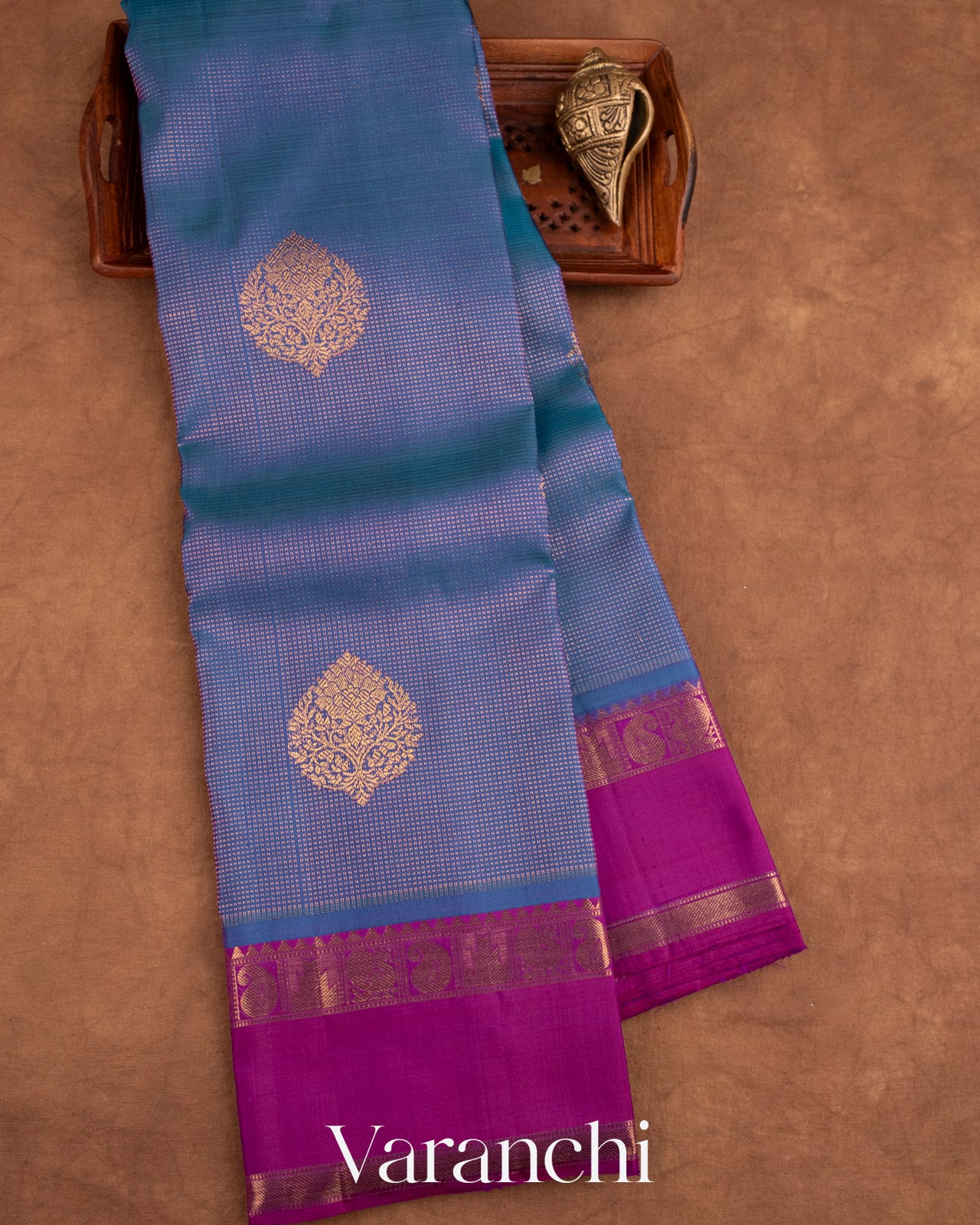 Dusky Indigo Blue Vaira Oosi Pure Kanchipuram Silk Handloom Saree
