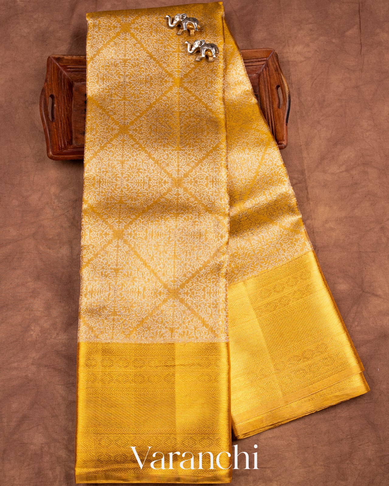 Golden Heavy Brocade Pure Tissue Kanchipuram Silk Saree