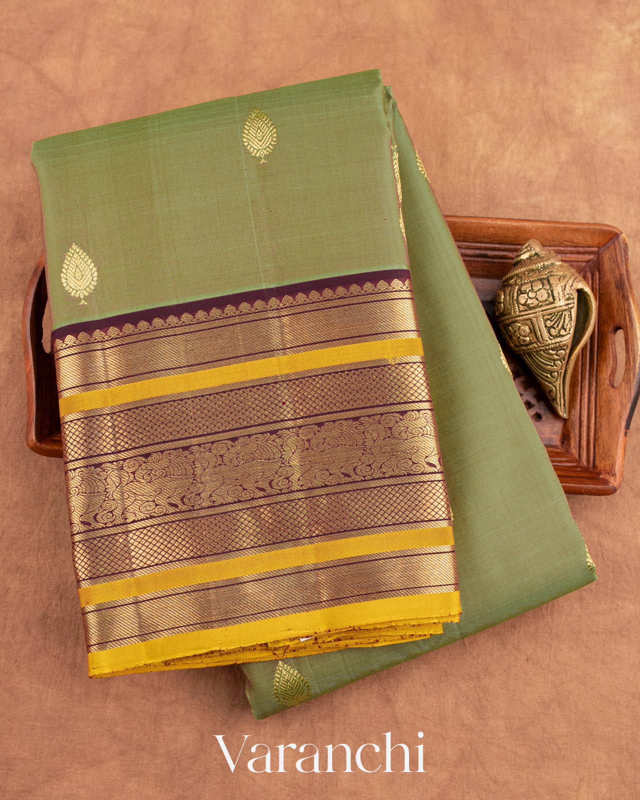 Earthy Olive Green Pure Kanchipuram Silk Handloom Saree