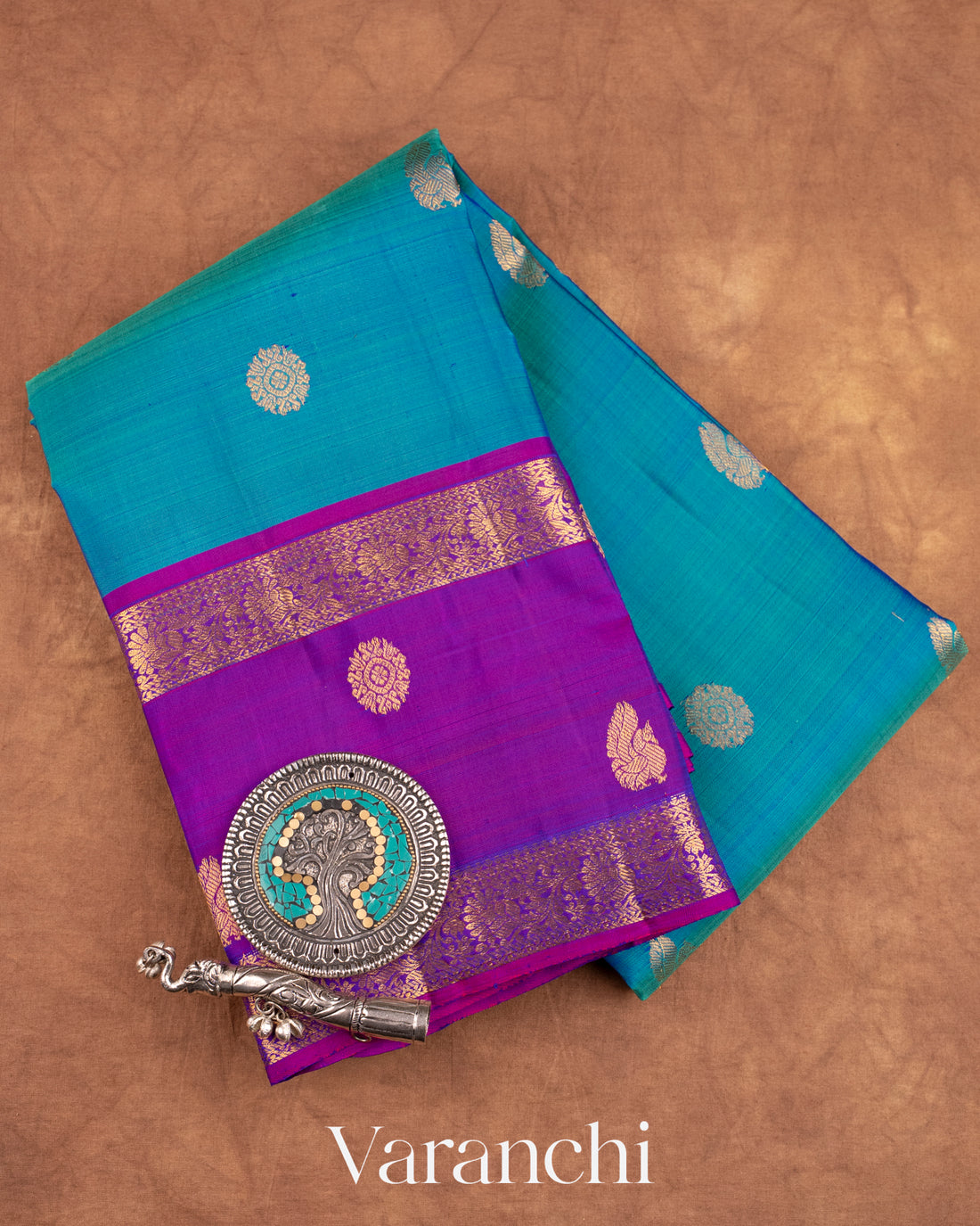 Deep Turquoise Blue Pure Kanchipuram Silk Handloom Saree