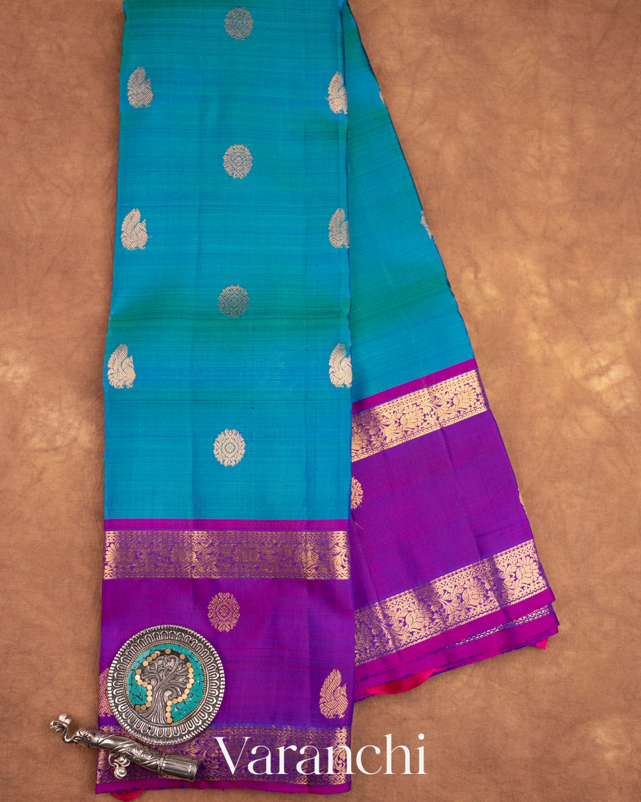 Deep Turquoise Blue Pure Kanchipuram Silk Handloom Saree