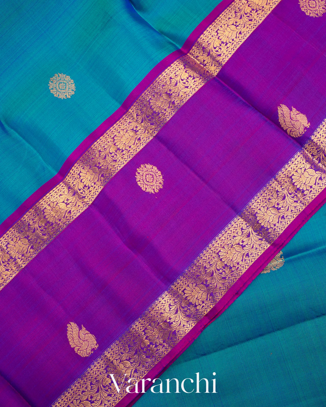 Deep Turquoise Blue Pure Kanchipuram Silk Handloom Saree