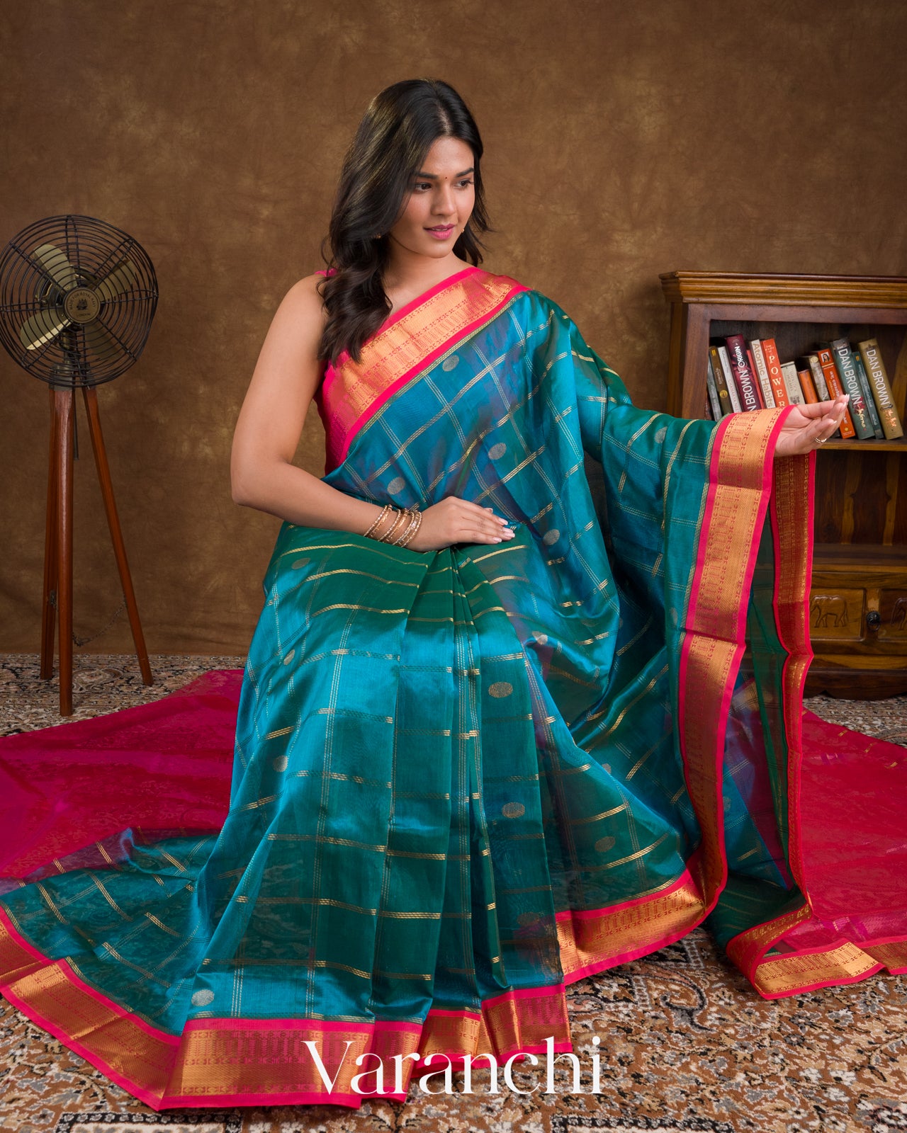 Teal Blue Checks Pure Kanchipuram Silk Cotton Handloom Saree