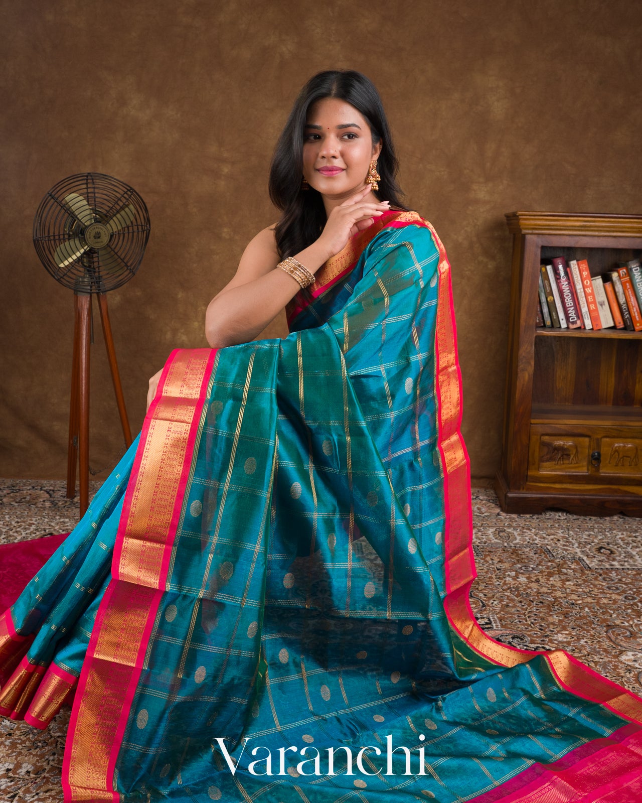 Teal Blue Checks Pure Kanchipuram Silk Cotton Handloom Saree