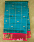 Teal Blue Checks Pure Kanchipuram Silk Cotton Handloom Saree
