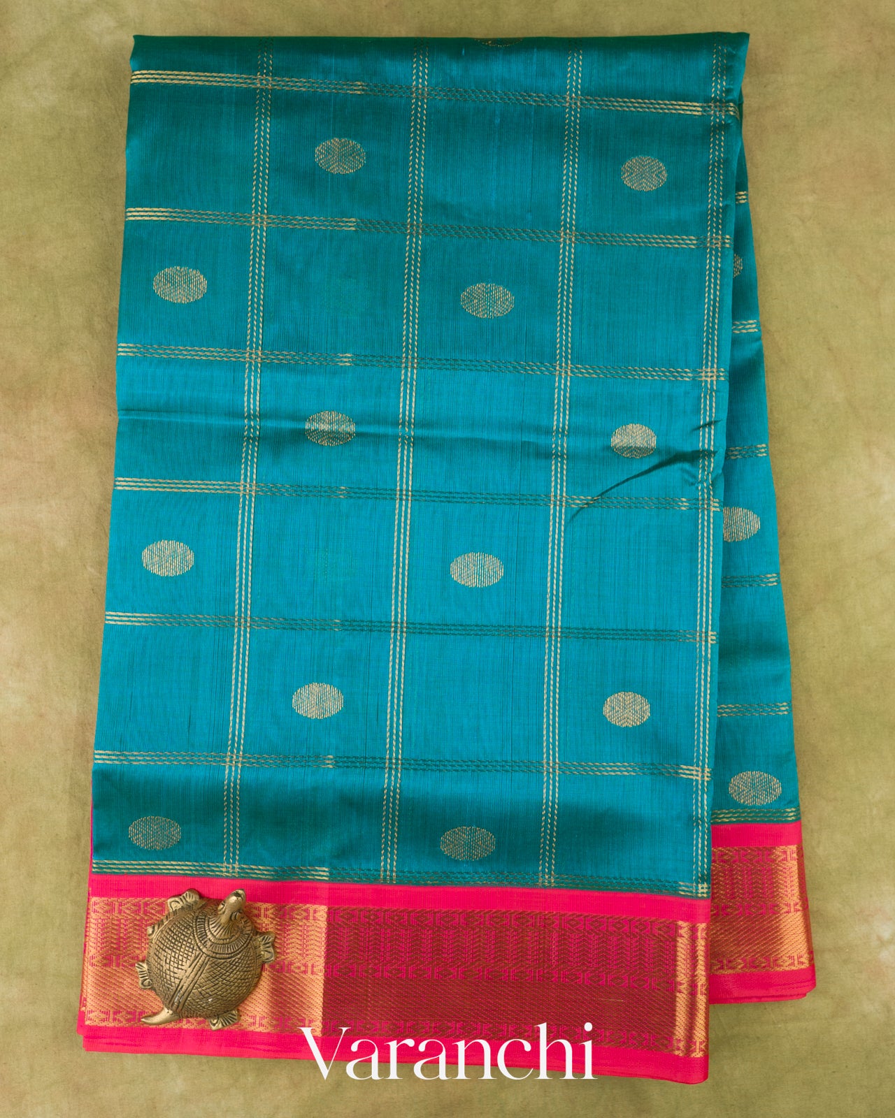 Teal Blue Checks Pure Kanchipuram Silk Cotton Handloom Saree