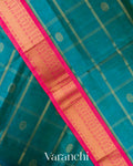 Teal Blue Checks Pure Kanchipuram Silk Cotton Handloom Saree