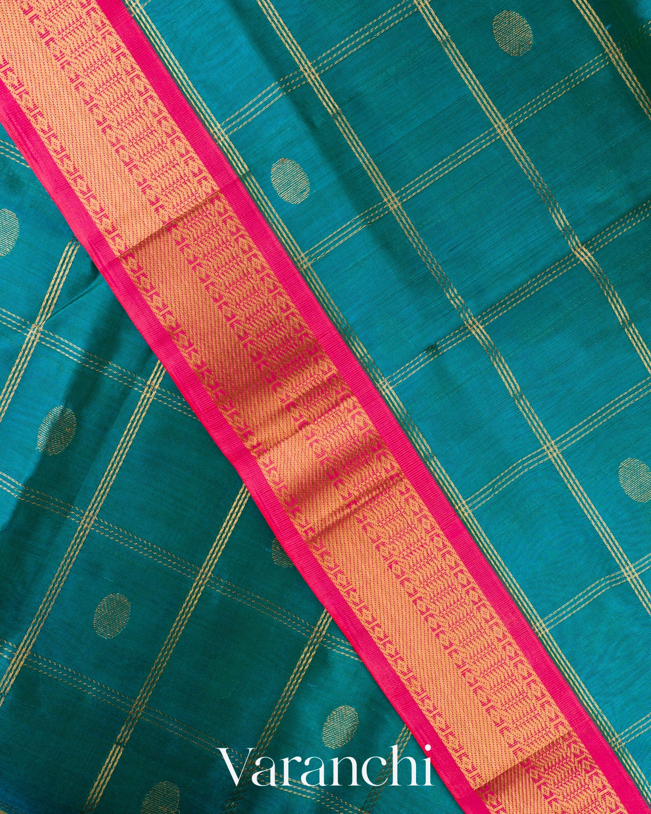 Teal Blue Checks Pure Kanchipuram Silk Cotton Handloom Saree