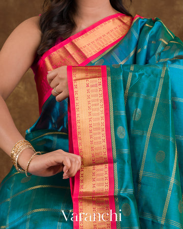 Teal Blue Checks Pure Kanchipuram Silk Cotton Handloom Saree