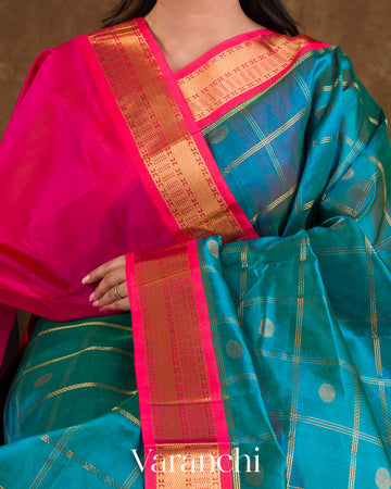 Teal Blue Checks Pure Kanchipuram Silk Cotton Handloom Saree