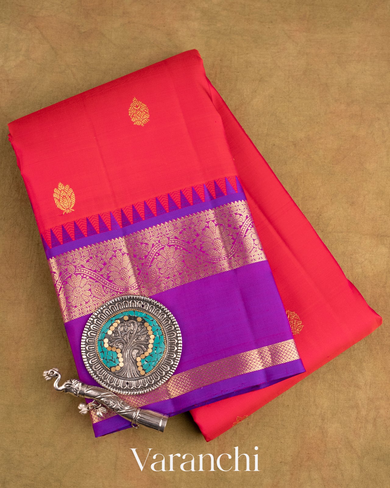 Reddish Pink Pure Kanchipuram Silk Handloom Saree