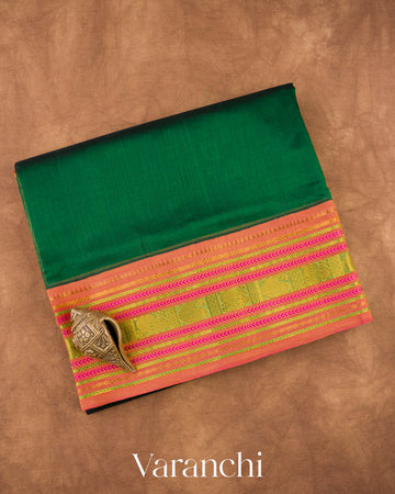 Bottle Green Korvai Pure Kanchipuram Silk Cotton Handloom Saree