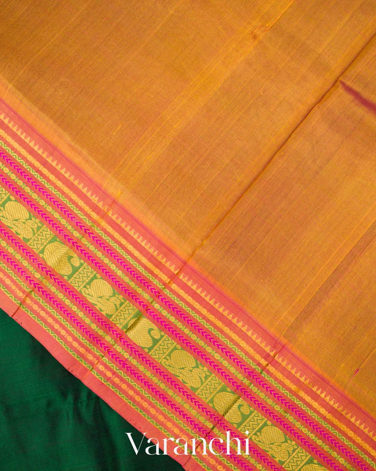 Bottle Green Korvai Pure Kanchipuram Silk Cotton Handloom Saree