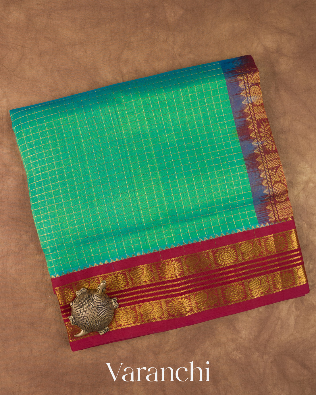 Emarald Green With Small Checks Pure Kanchipuram Silk Cotton Saree