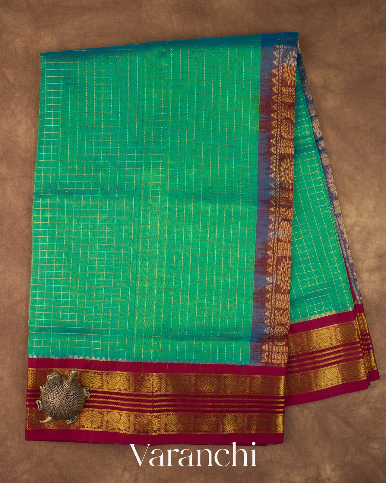 Emarald Green With Small Checks Pure Kanchipuram Silk Cotton Saree