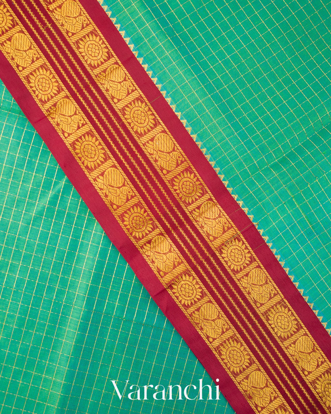 Emarald Green With Small Checks Pure Kanchipuram Silk Cotton Saree