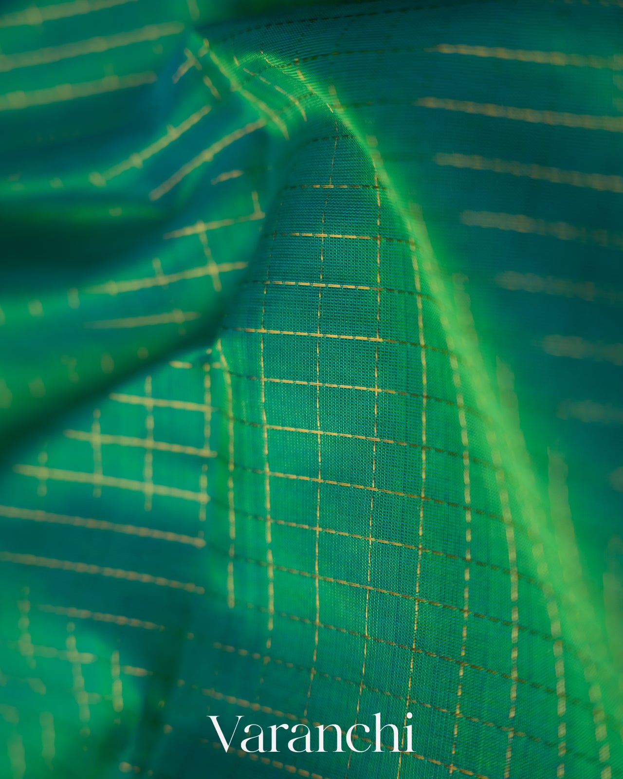 Emarald Green With Small Checks Pure Kanchipuram Silk Cotton Saree