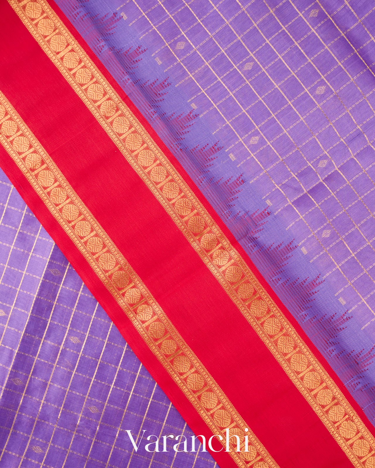 Lavender Purple Checks Pure Kanchipuram Silk Cotton Handloom Saree  
