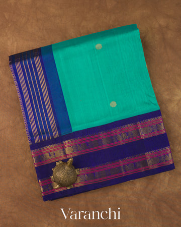 Aqua Blue Pure Kanchipuram Silk Cotton Handloom Saree