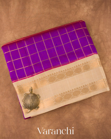 Rani Purple Checks Pure Kanchipuram Silk Cotton Saree