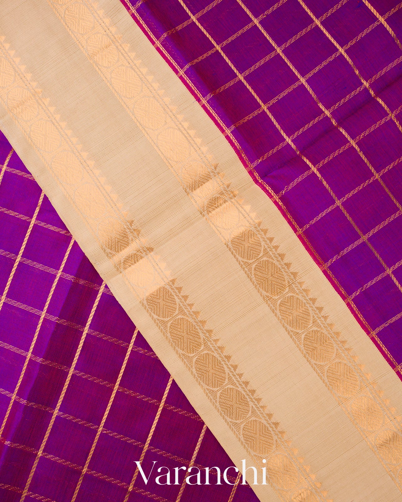 Rani Purple Checks Pure Kanchipuram Silk Cotton Saree