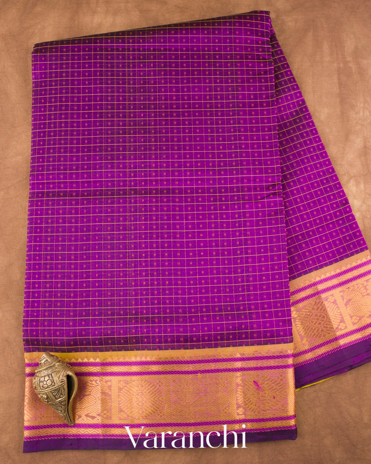 Royal Purple Checks Pure Kanchipuram Silk Cotton Handloom Saree