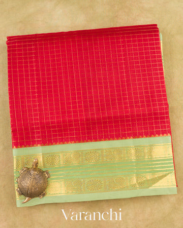 Red Checks Pure Kanchipuram Silk Cotton Handloom Saree