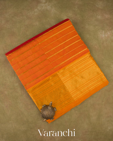 Sunset Orange Stripes Pure Kanchipuram Silk Cotton Handloom Saree