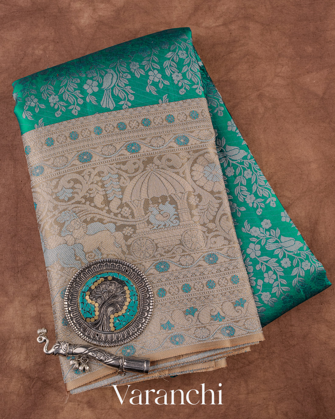 Teal Heavy Brocade Pure Kanchipuram Silk Saree