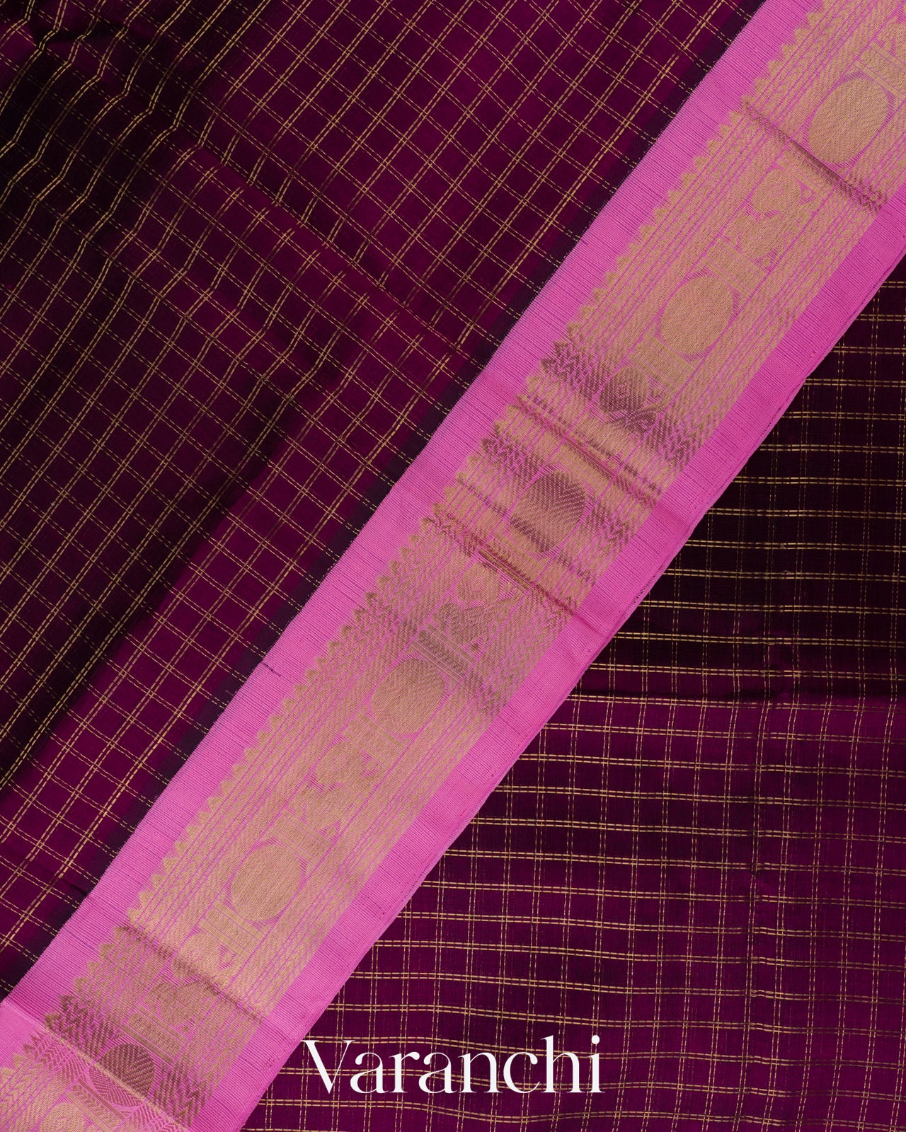 Deep Magenta Checks Pure Kanchipuram Silk Cotton Handloom Saree