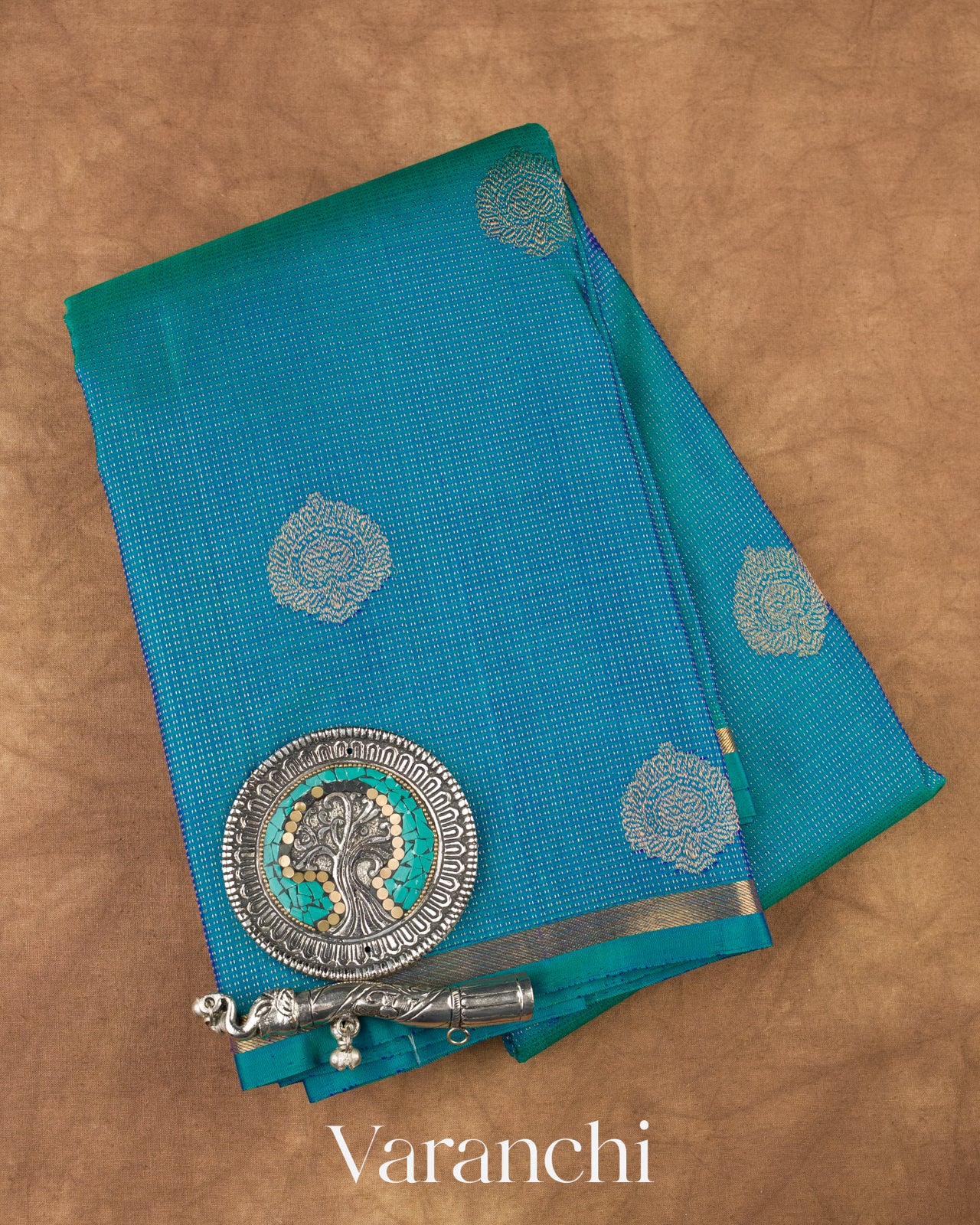 Peacock Blue Vaira Oosi Pure Kanchipuram Silk Handloom Saree