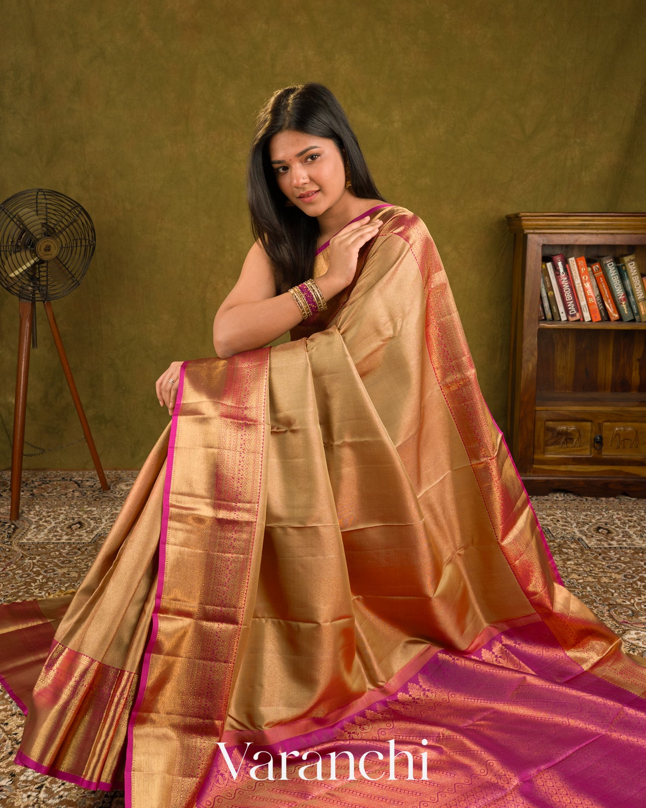 Golden Beige Vaira Oosi Pure Kanchipuram Silk Handloom Saree