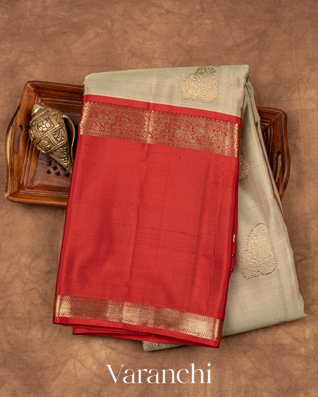 Biege Grey Pure Kanchipuram Silk Handloom Saree