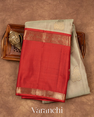 Biege Grey Pure Kanchipuram Silk Handloom Saree