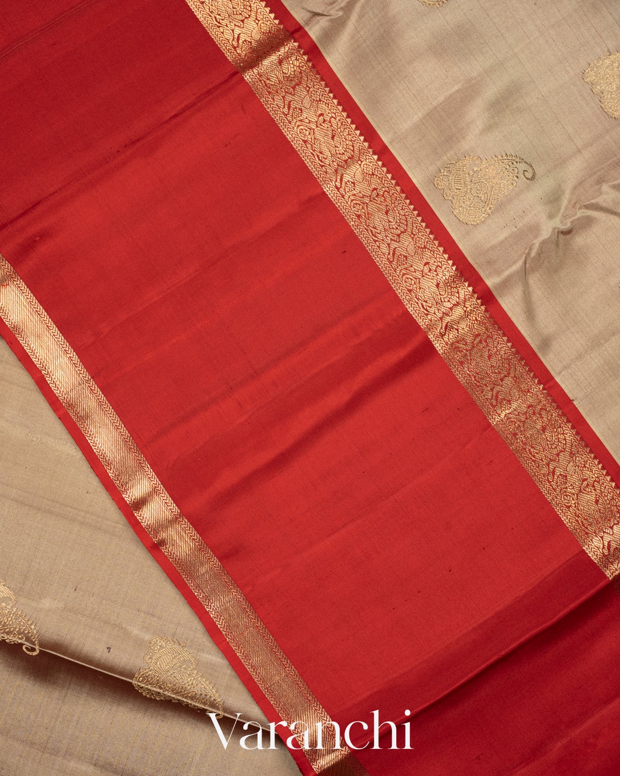 Biege Grey Pure Kanchipuram Silk Handloom Saree