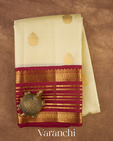 Soft Ivory Yellow Pure Kanchipuram Silk Handloom Saree