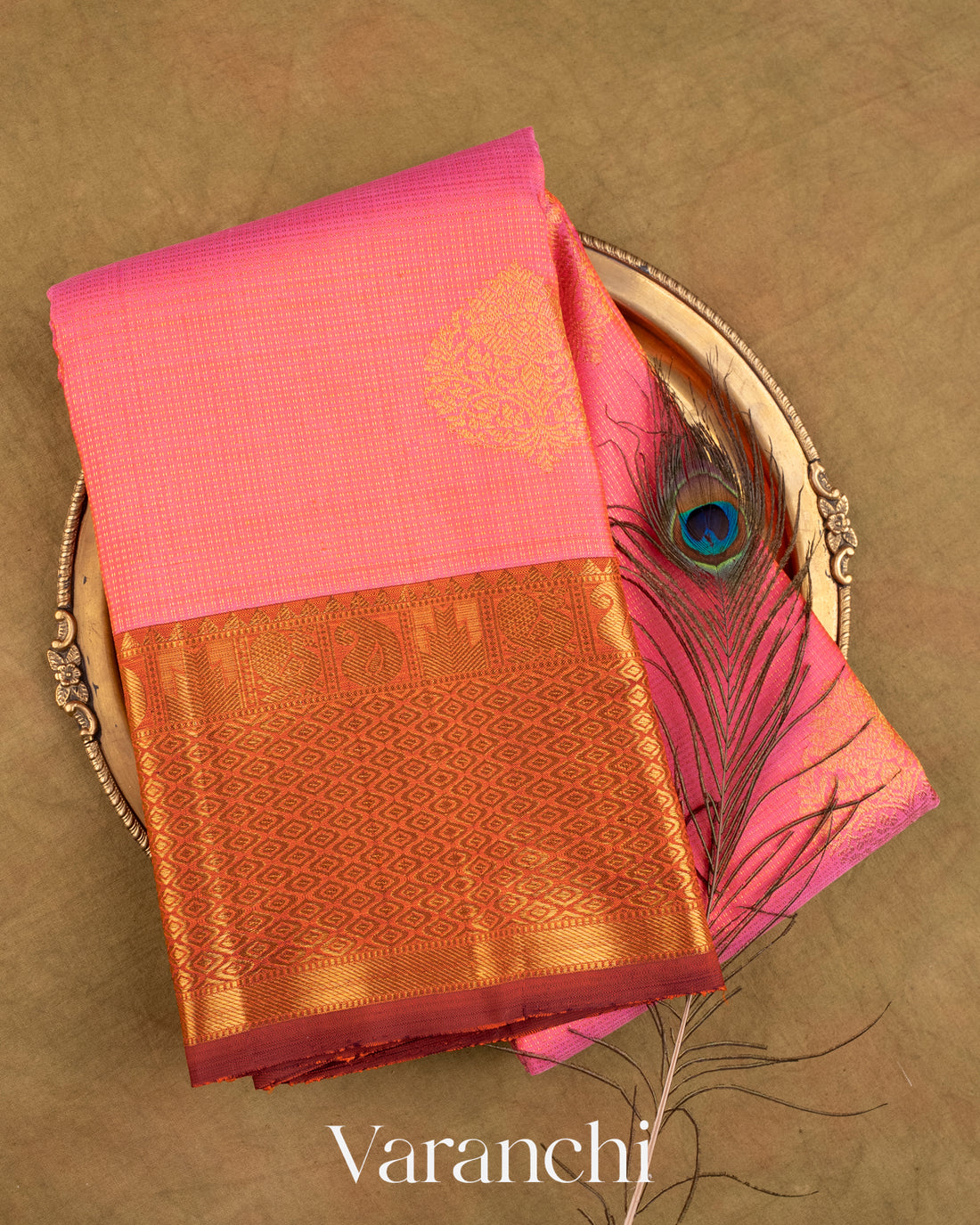Flamingo Pink Vaira Oosi Pure Kanchipuram Silk Handloom Saree