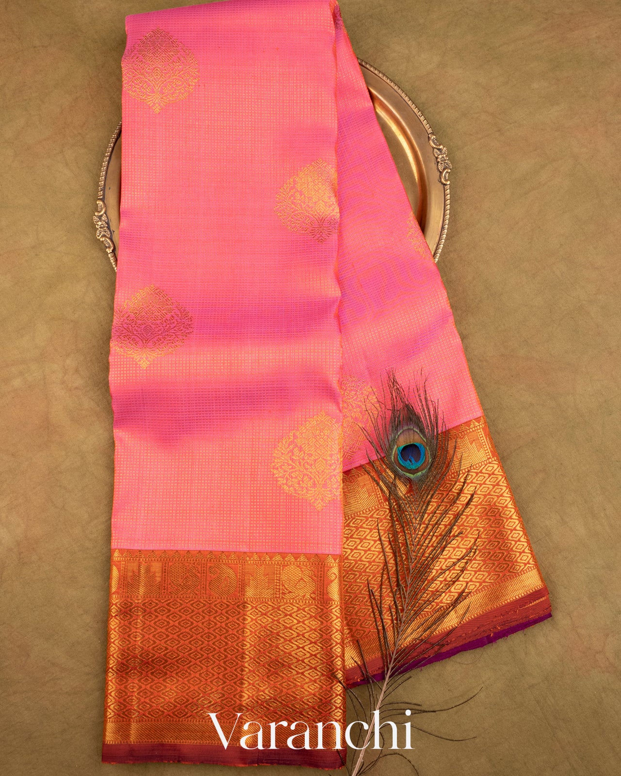 Flamingo Pink Vaira Oosi Pure Kanchipuram Silk Handloom Saree