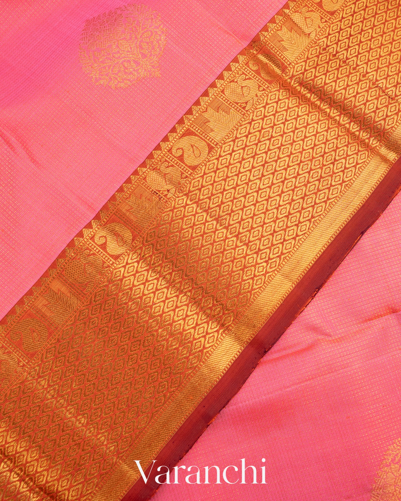 Flamingo Pink Vaira Oosi Pure Kanchipuram Silk Handloom Saree