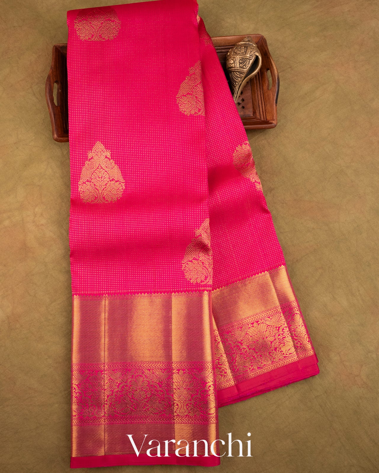 Reddish Pink Vaira Oosi Pure Kanchipuram Silk Handloom Saree