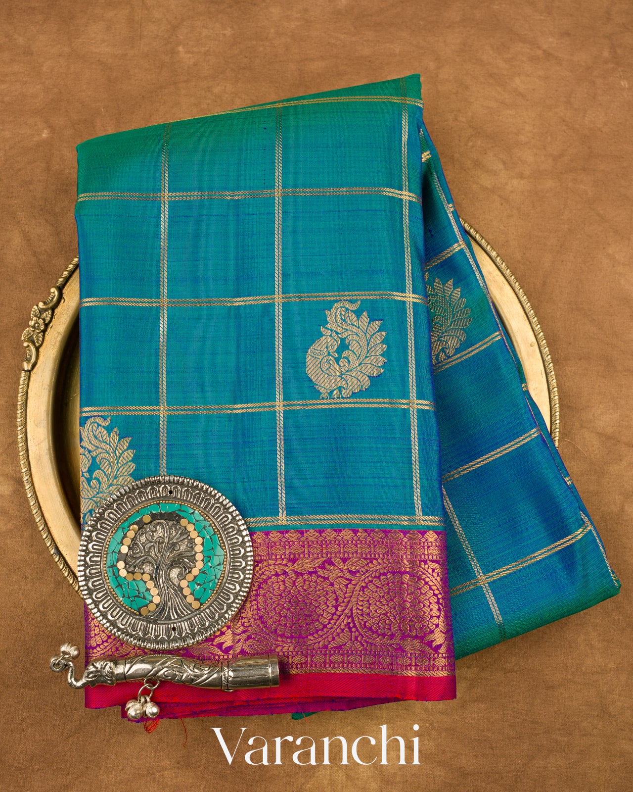 Peacock Blue Pure Kanchipuram Silk Handloom Saree