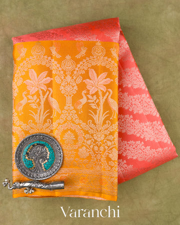 Coral Lehariya Brocade Pure Kanchipuram Silk Saree