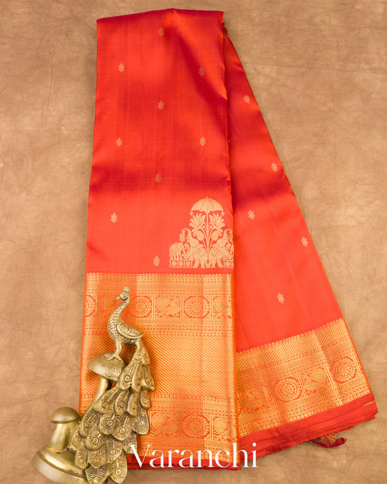 Crimson Orange Pure Kanchipuram Silk Handloom Saree