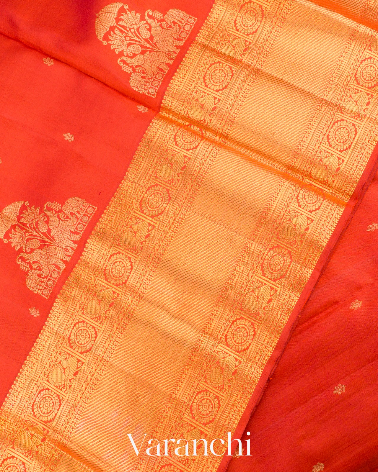 Crimson Orange Pure Kanchipuram Silk Handloom Saree