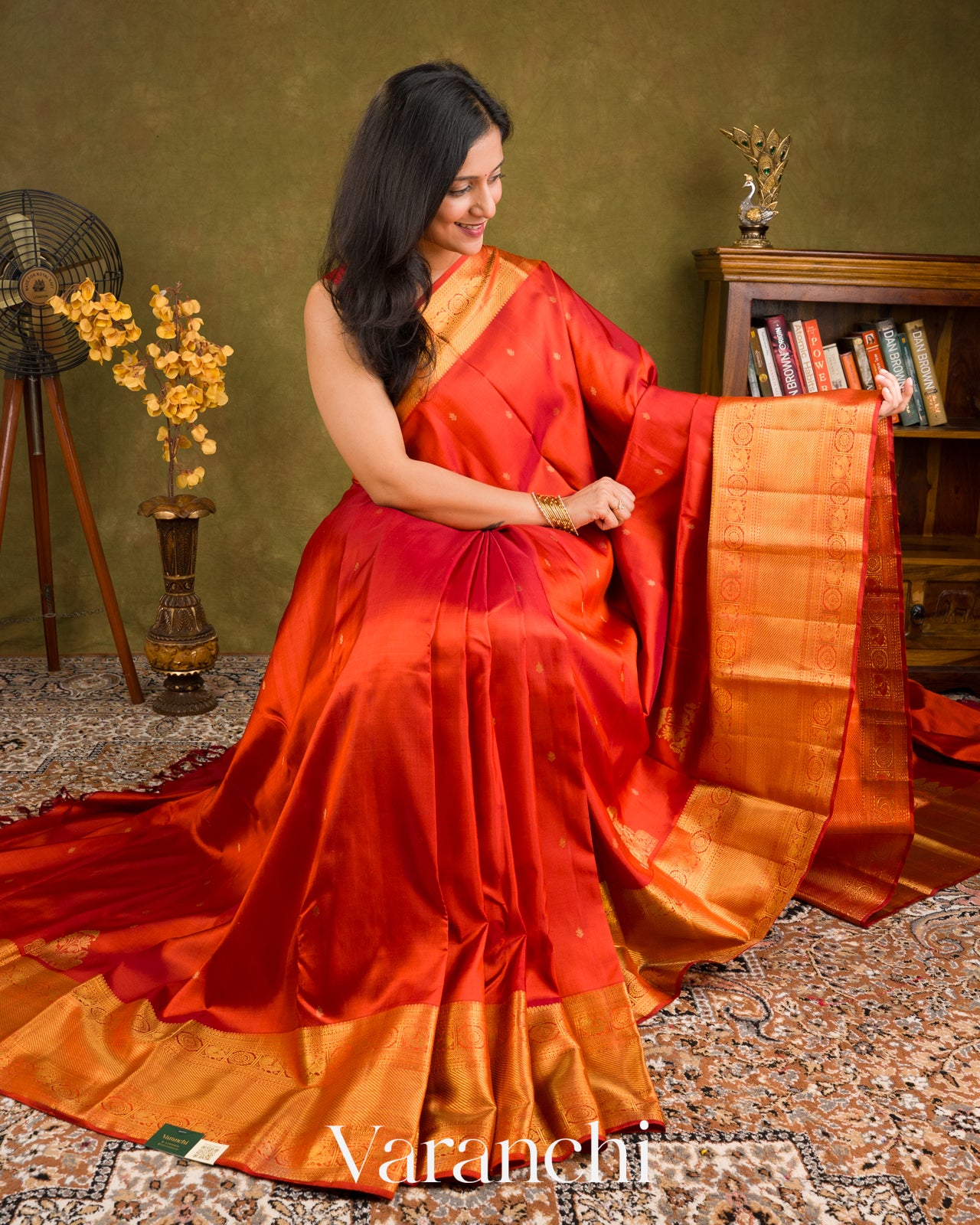 Crimson Orange Pure Kanchipuram Silk Handloom Saree