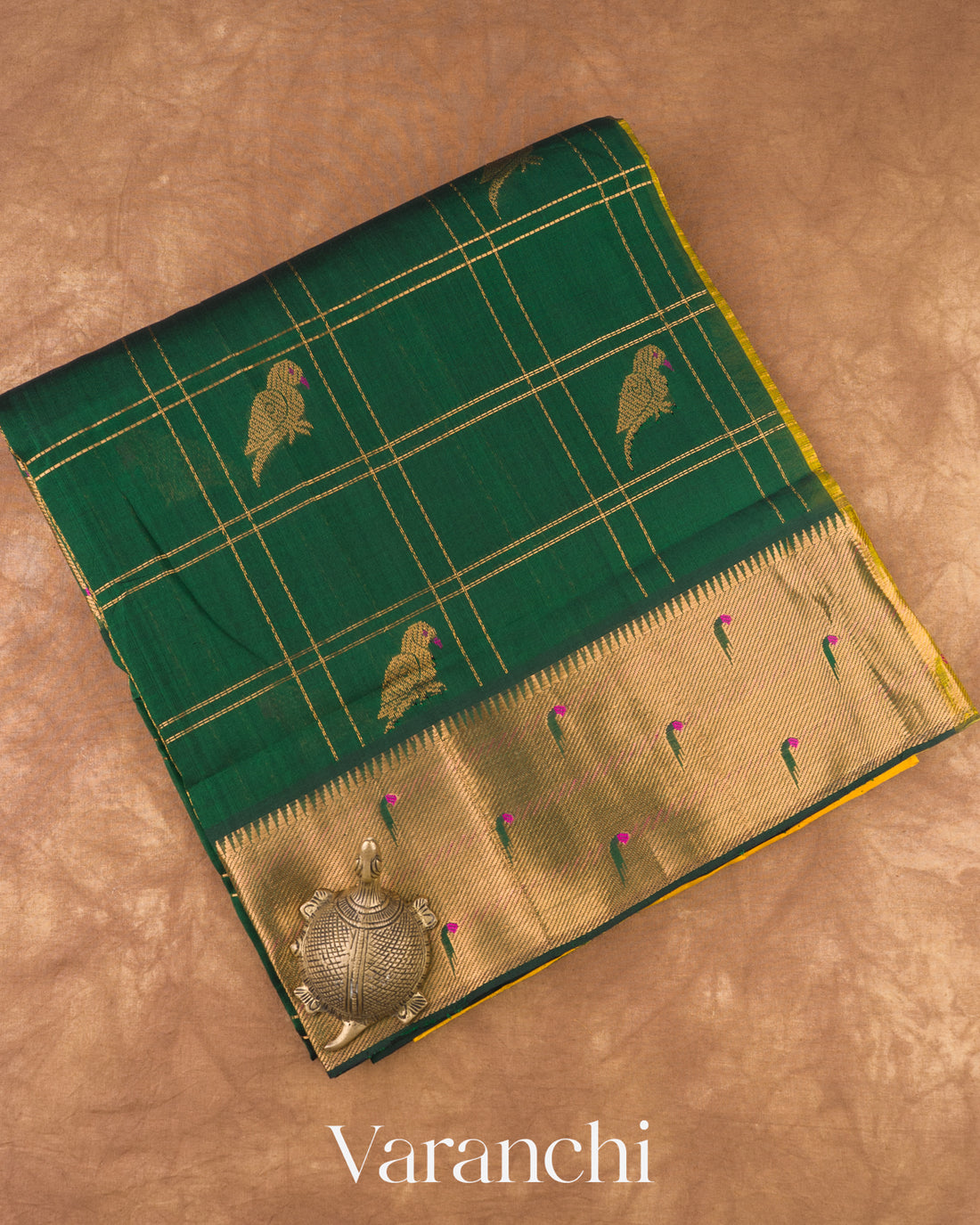 Bottle Green Checks Pure Kanchipuram Silk Cotton Handloom Saree