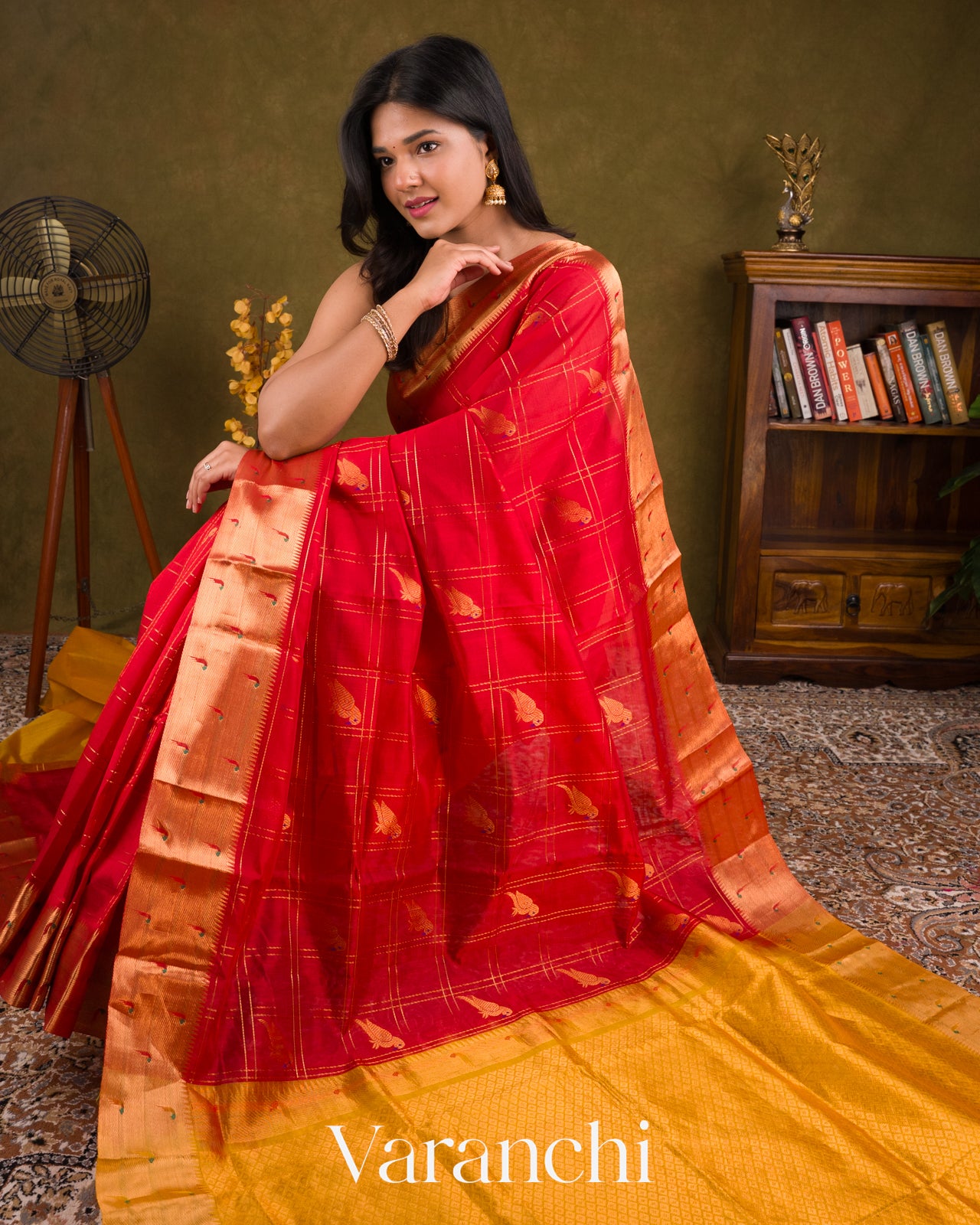 Vermilion Red Checks Pure Kanchipuram Silk Cotton Handloom Saree